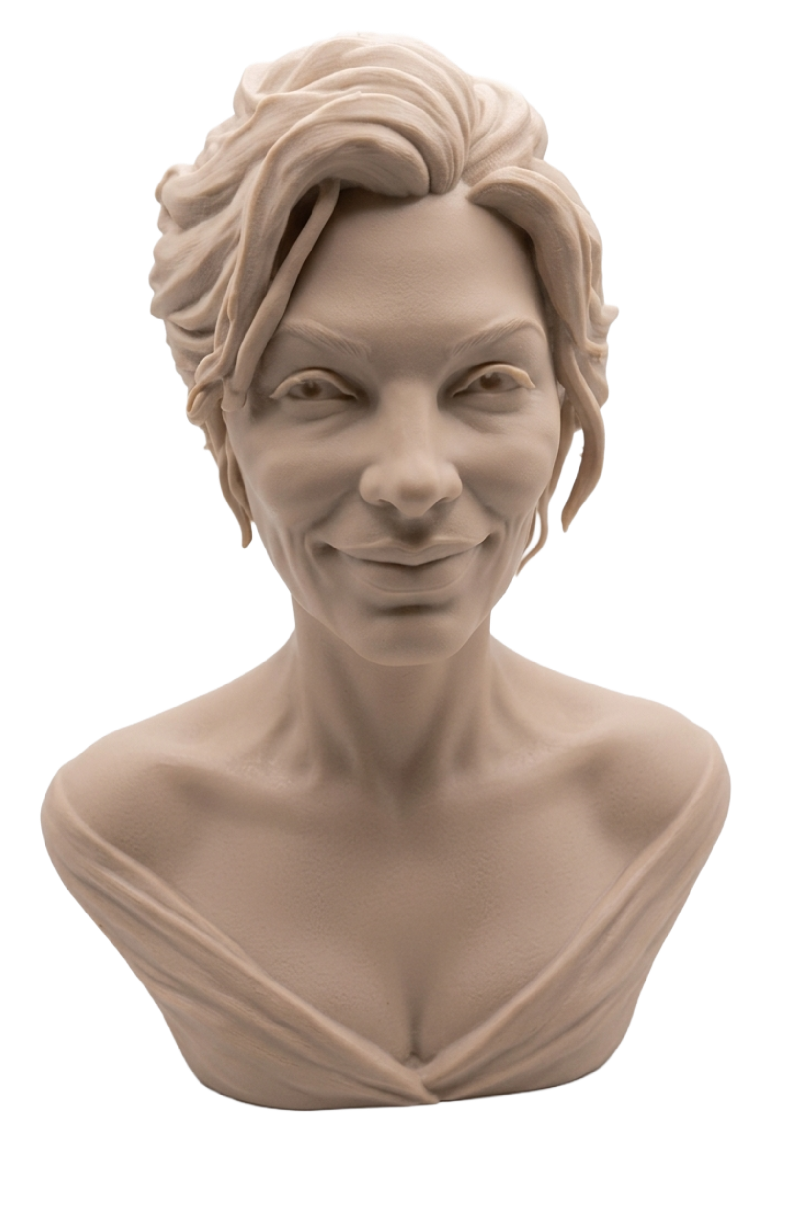 A 3D printed portrait bust of a young woman with swept-up hair in a warm clay finish by Bustea