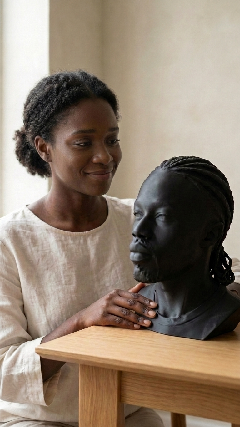 An artisan reviewing a hand-finished portrait bust