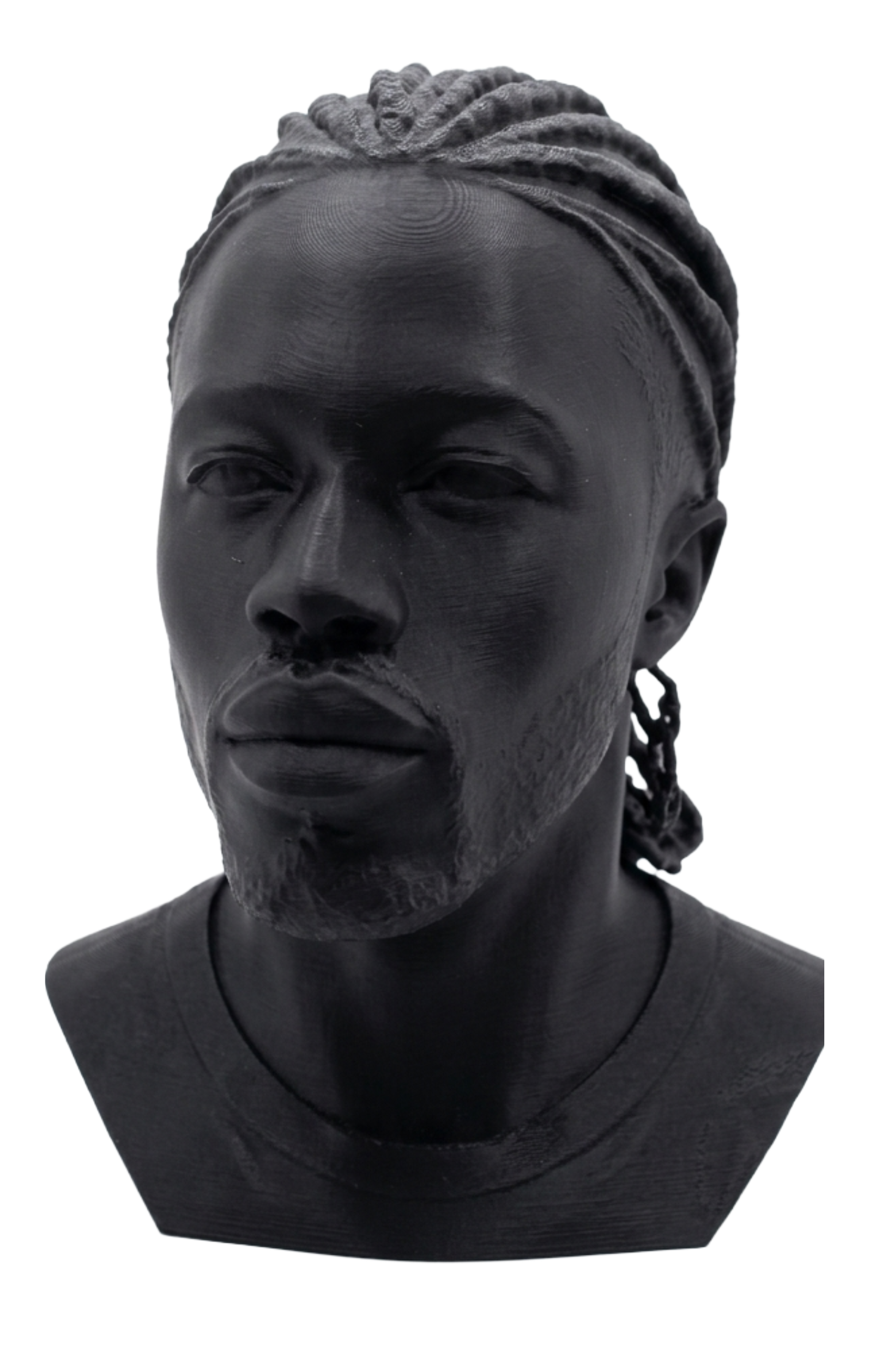 A portrait bust hand-finished in matte black PLA